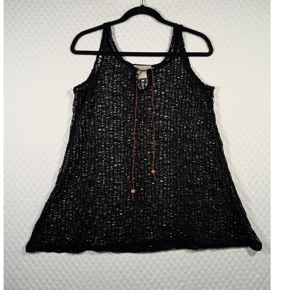 J Valdi Black M Goth Open Knit Crochet Tank Top Tunic Boho Beaded Tie Cover Up